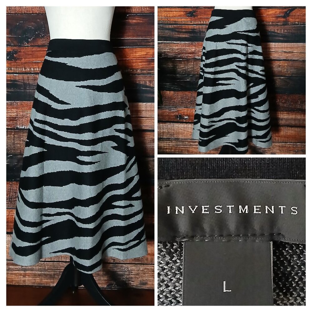 NWT Investments L Midi Skirt Sweater Knit Gray Black Zebra Rayon Blend